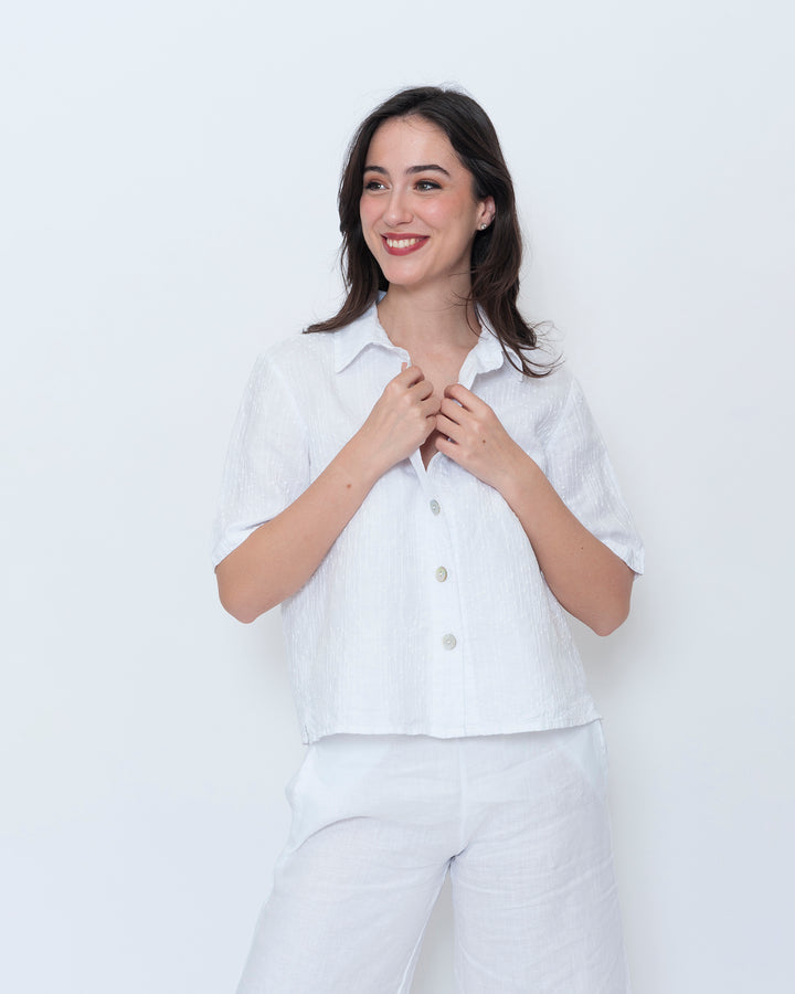 Blueberry Cropped Camp Shirt, Embroidered White