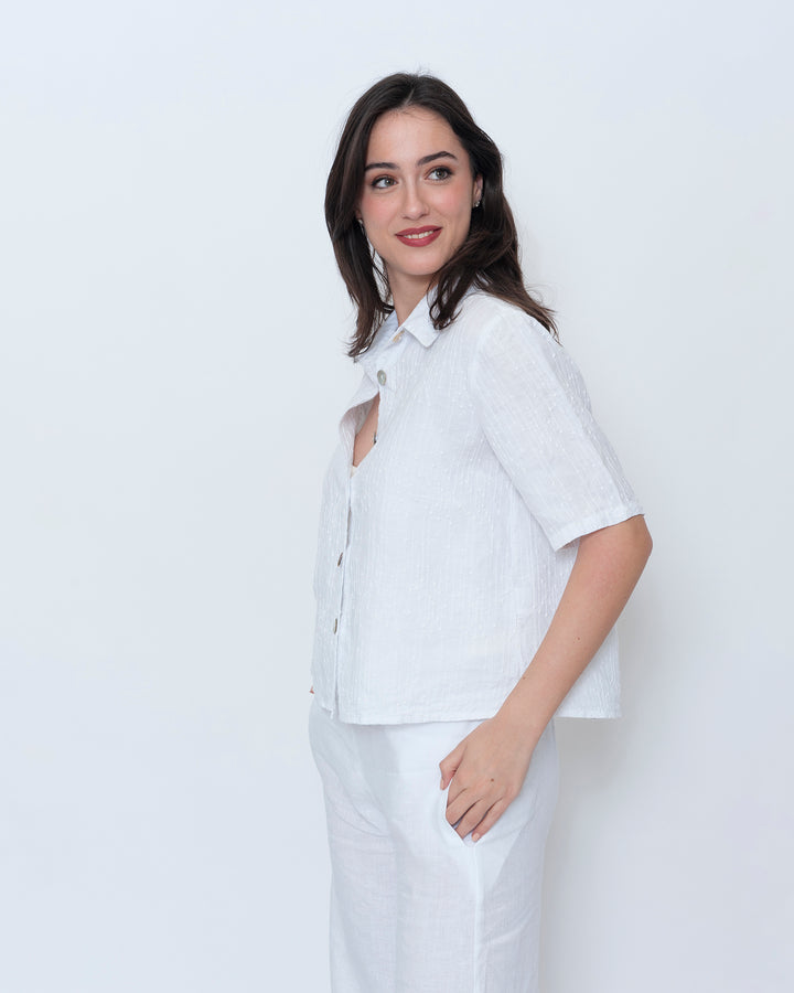 Blueberry Cropped Camp Shirt, Embroidered White