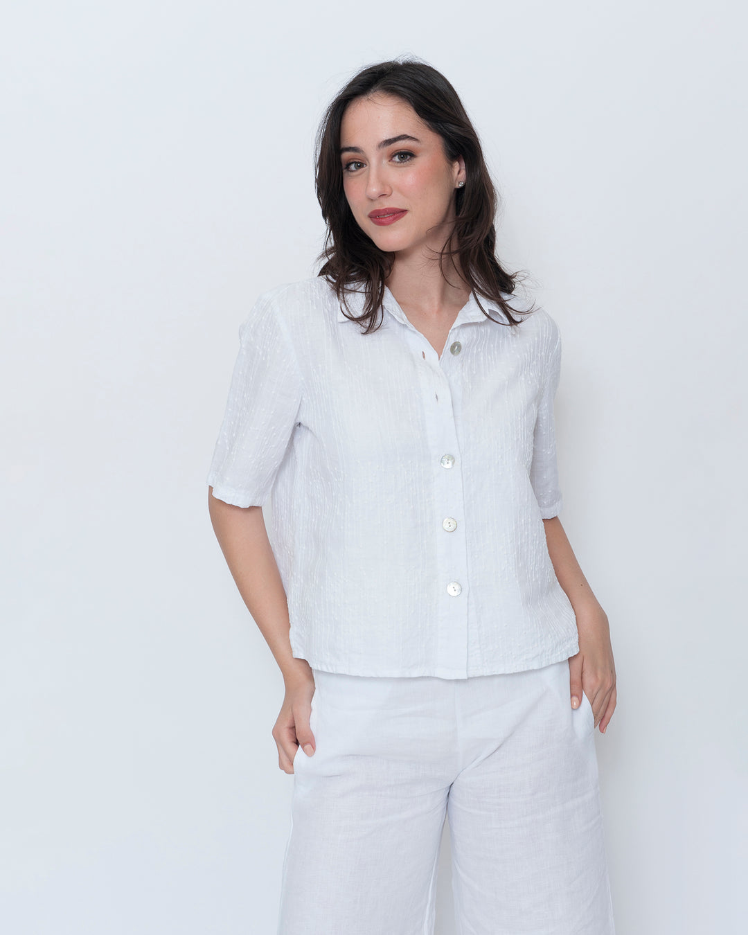 Blueberry Cropped Camp Shirt, Embroidered White