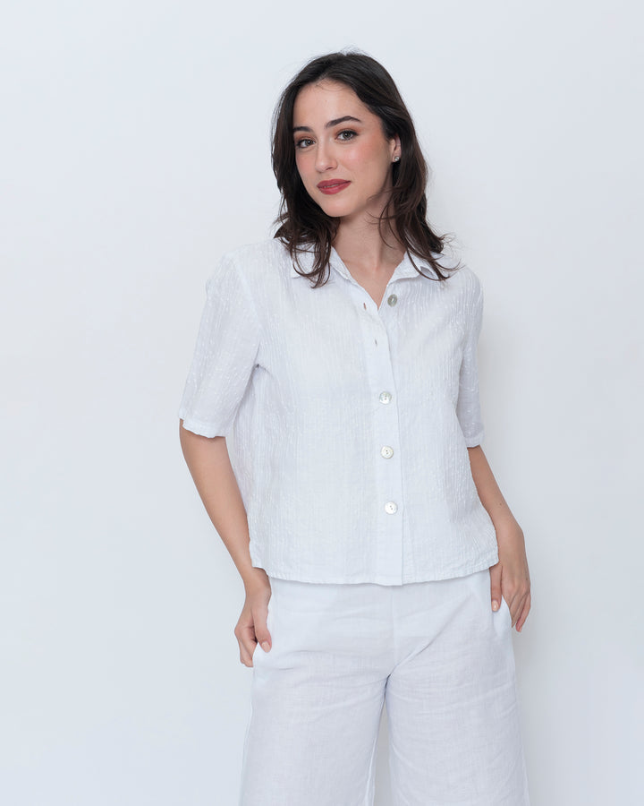 Blueberry Cropped Camp Shirt, Embroidered White