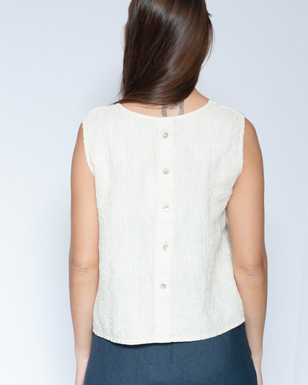 Blueberry Button Back Tank, Embroidered Ecru