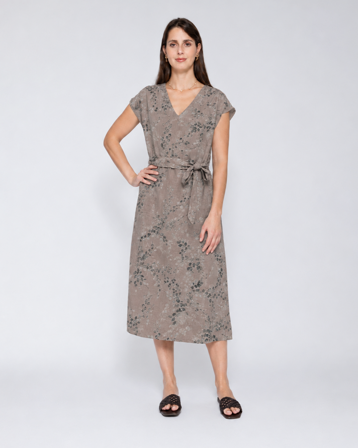 Blueberry Tie Waist Midi Dress, Latte Flora