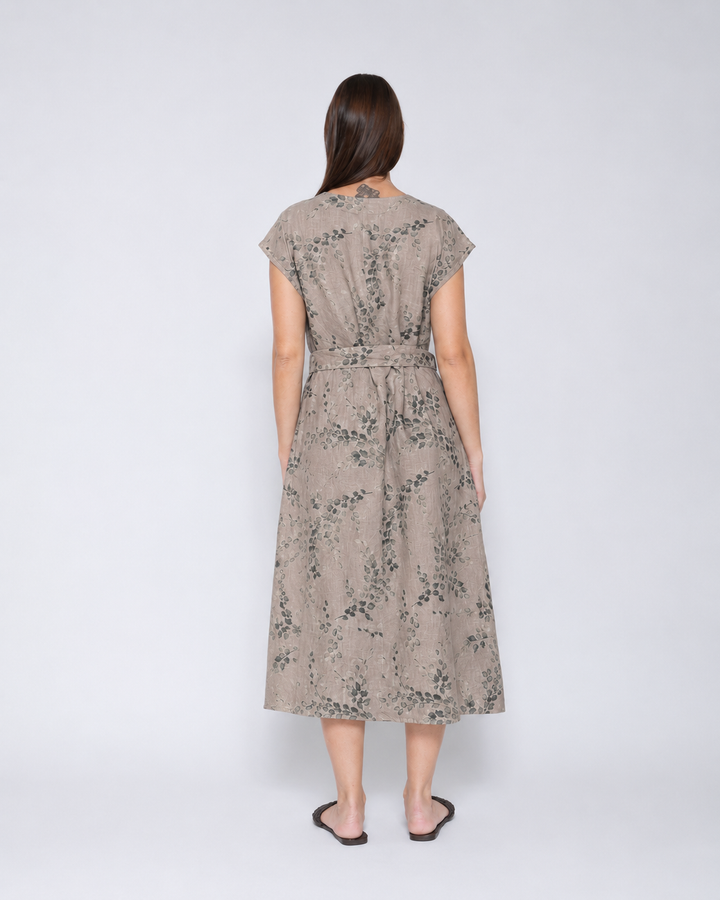 Blueberry Tie Waist Midi Dress, Latte Flora