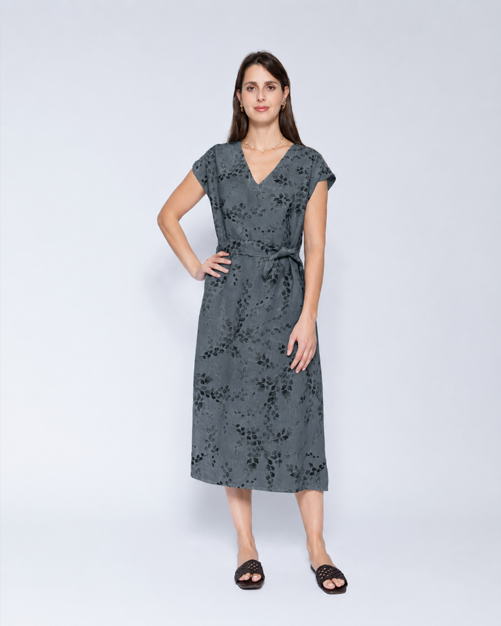 Blueberry Tie Waist Midi Dress, Slate Flora