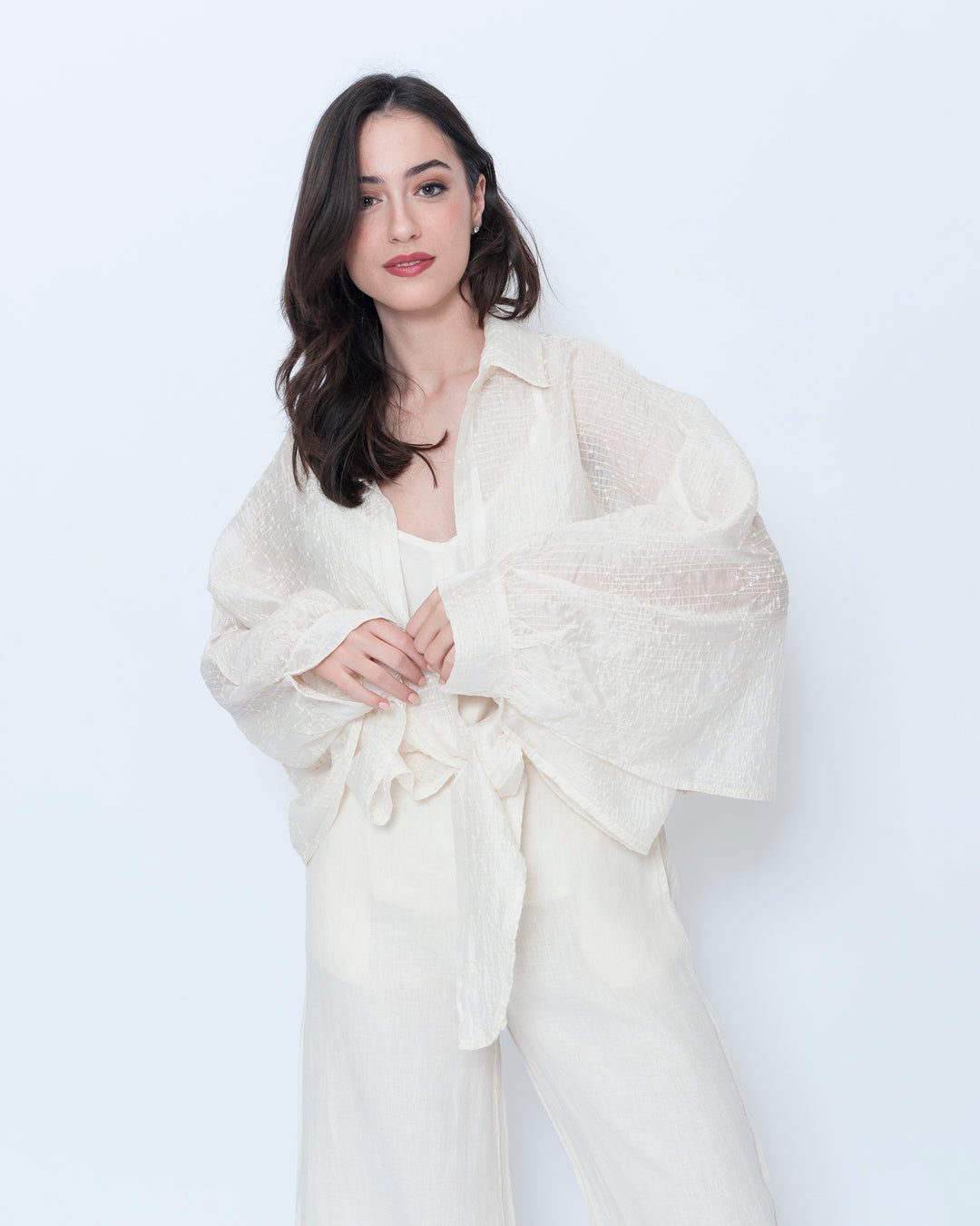 Blueberry Tie Front Shrug, Embroidered Ecru