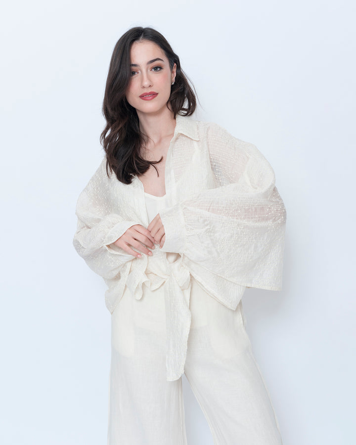 Blueberry Tie Front Shrug, Embroidered Ecru