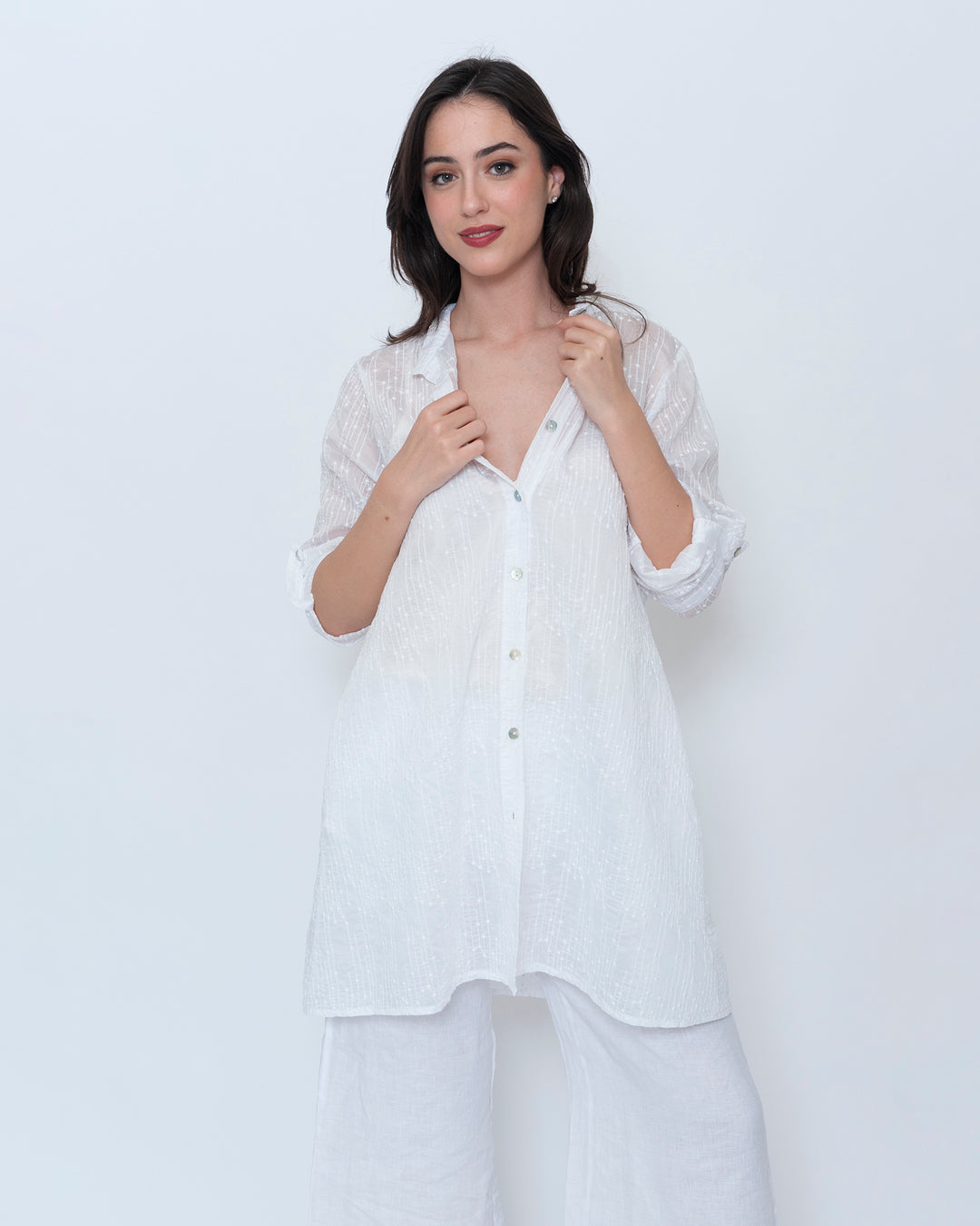 Blueberry Sheer Button Up Tunic, Embroidered White