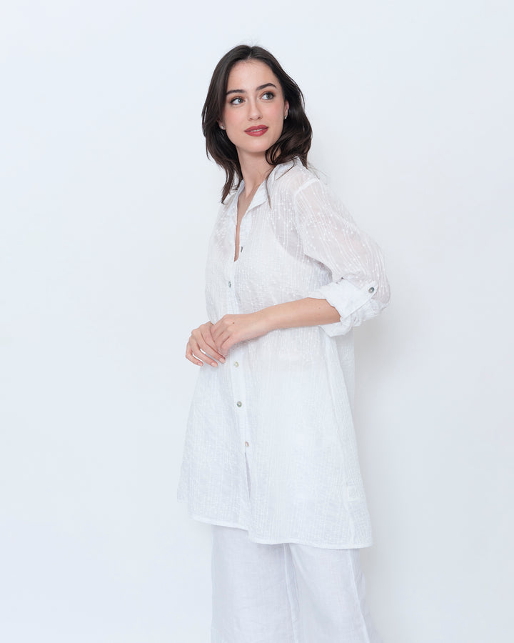Blueberry Sheer Button Up Tunic, Embroidered White