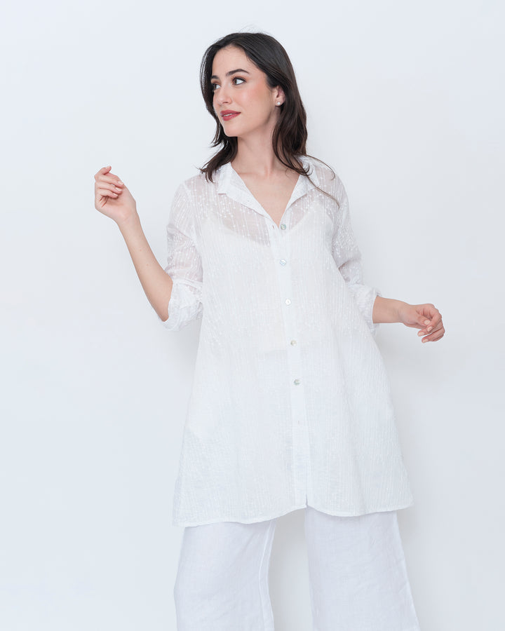 Blueberry Sheer Button Up Tunic, Embroidered White