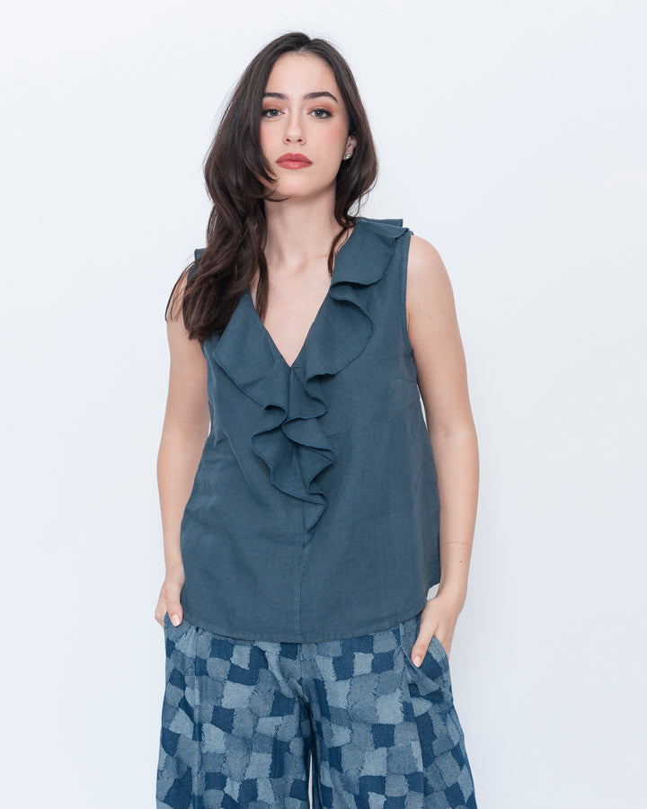 Blueberry Wave Neck Sleeveless Top, Navy