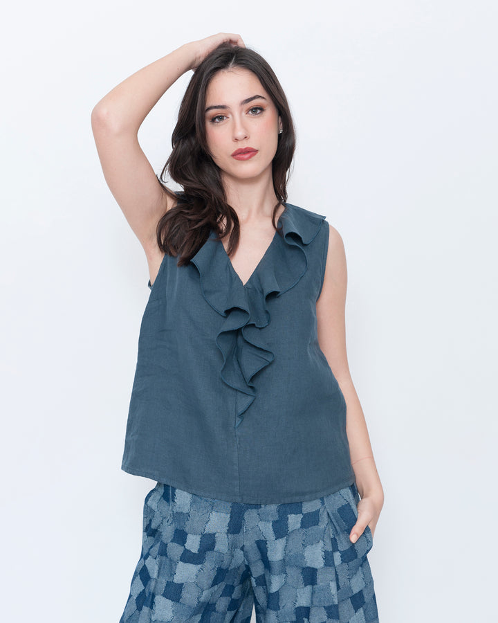 Blueberry Wave Neck Sleeveless Top, Navy