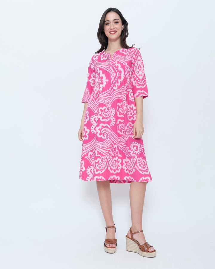 Blueberry Split Neck Tunic Dress, Fuchsia Paisley