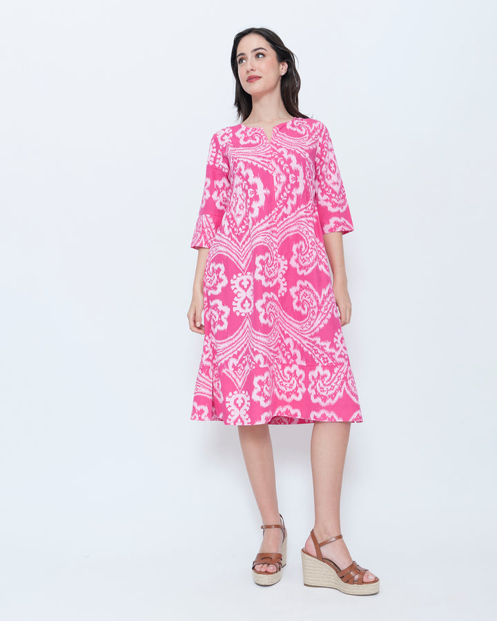 Blueberry Split Neck Tunic Dress, Fuchsia Paisley