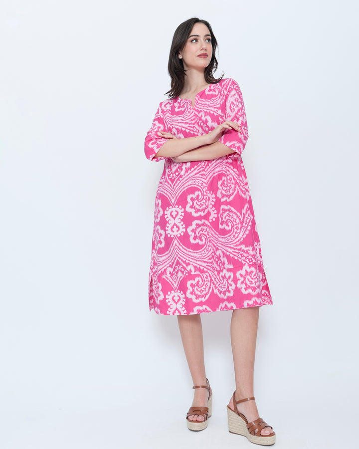 Blueberry Split Neck Tunic Dress, Fuchsia Paisley