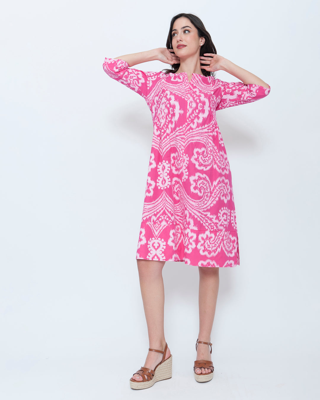 Blueberry Split Neck Tunic Dress, Fuchsia Paisley
