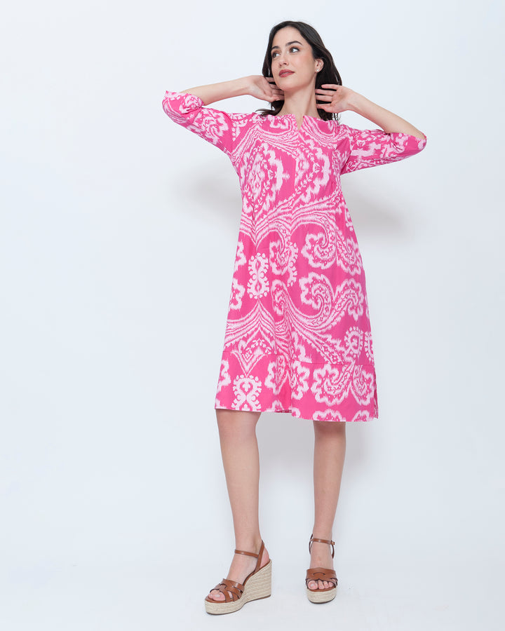 Blueberry Split Neck Tunic Dress, Fuchsia Paisley