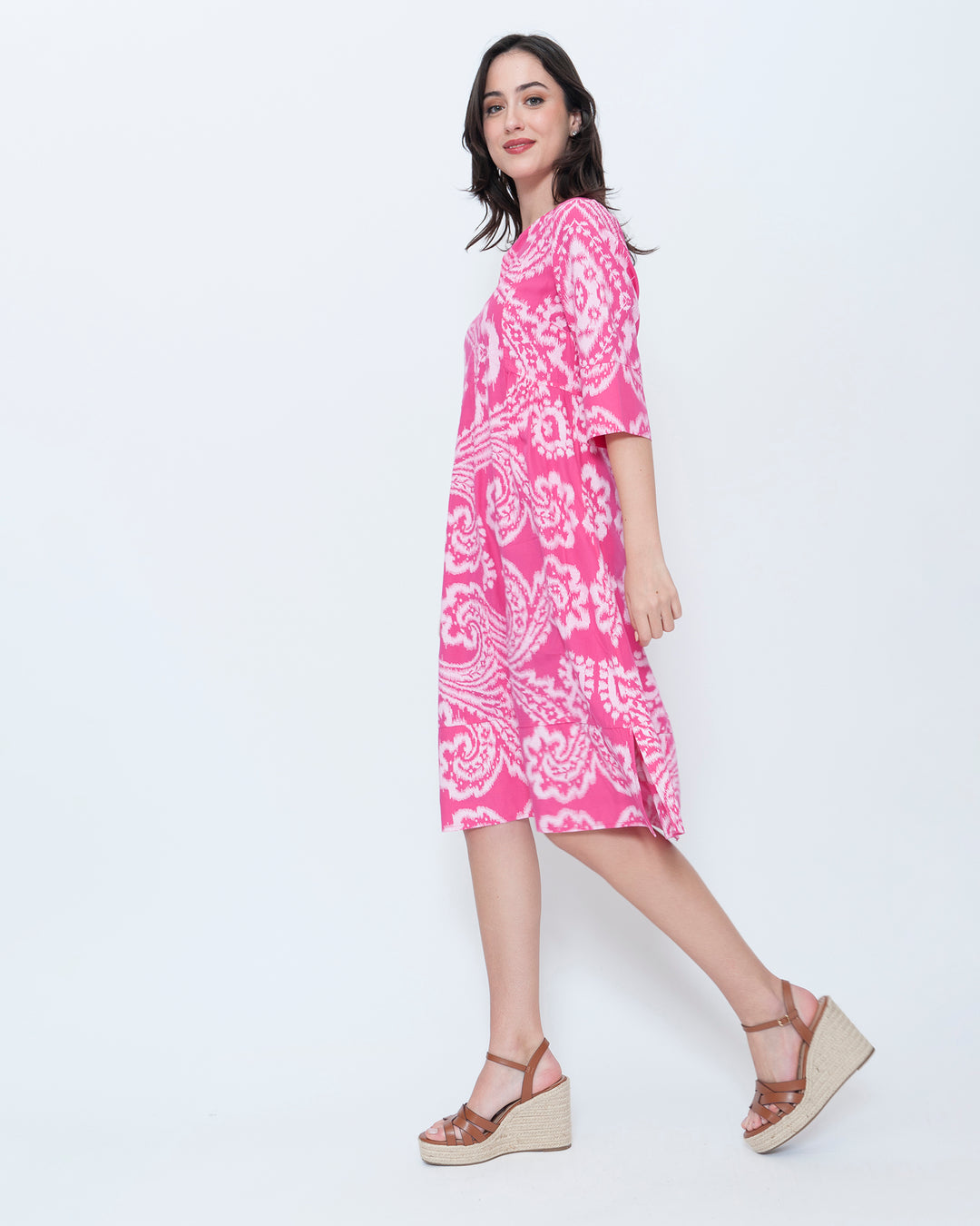 Blueberry Split Neck Tunic Dress, Fuchsia Paisley