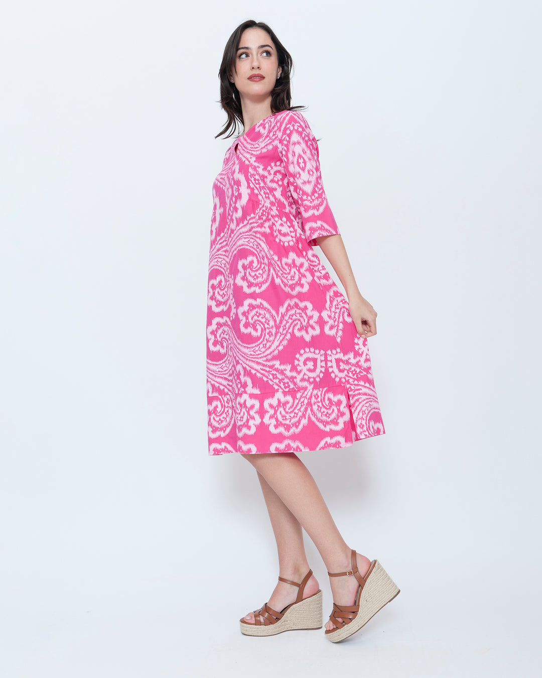 Blueberry Split Neck Tunic Dress, Fuchsia Paisley