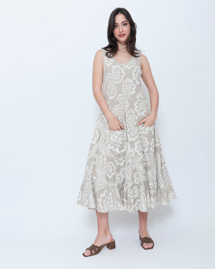 Blueberry Swing Maxi Dress, Beige Paisley