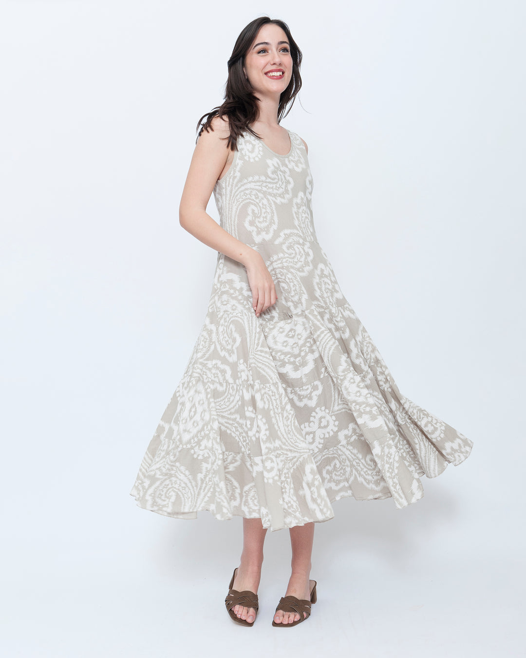 Blueberry Swing Maxi Dress, Beige Paisley