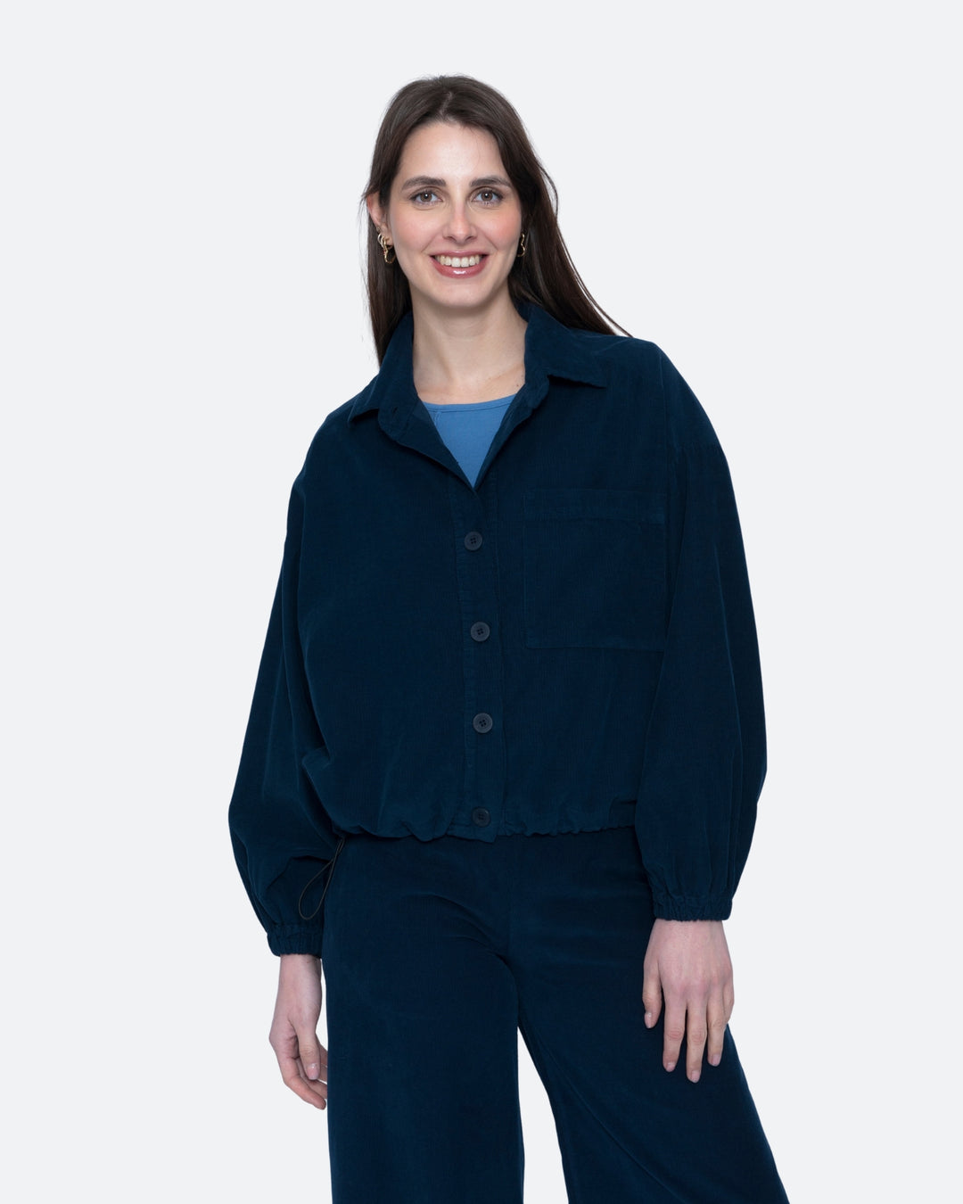 Blueberry Baby Cord Cinched Bomber Shirt, Navy