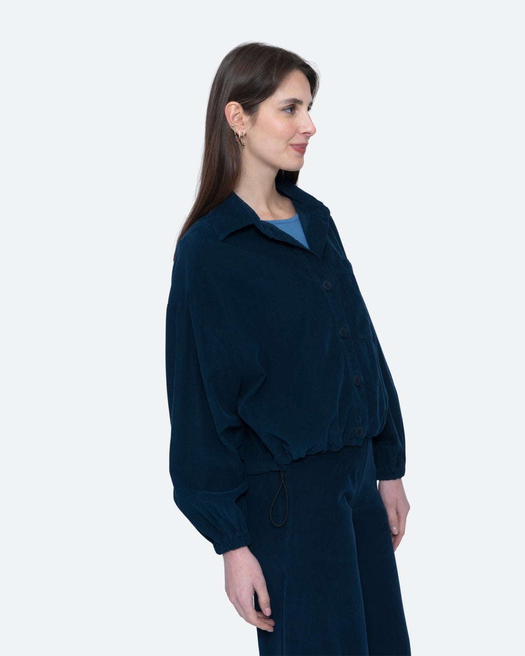 Blueberry Baby Cord Cinched Bomber Shirt, Navy