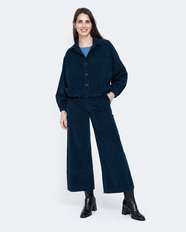 Blueberry Baby Cord Cinched Bomber Shirt, Navy
