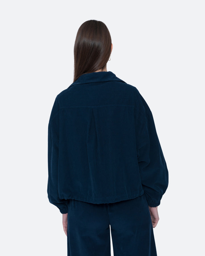 Blueberry Baby Cord Cinched Bomber Shirt, Navy