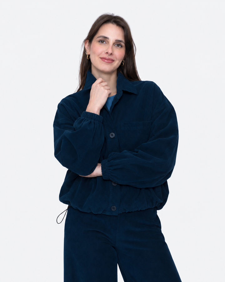 Blueberry Baby Cord Cinched Bomber Shirt, Navy