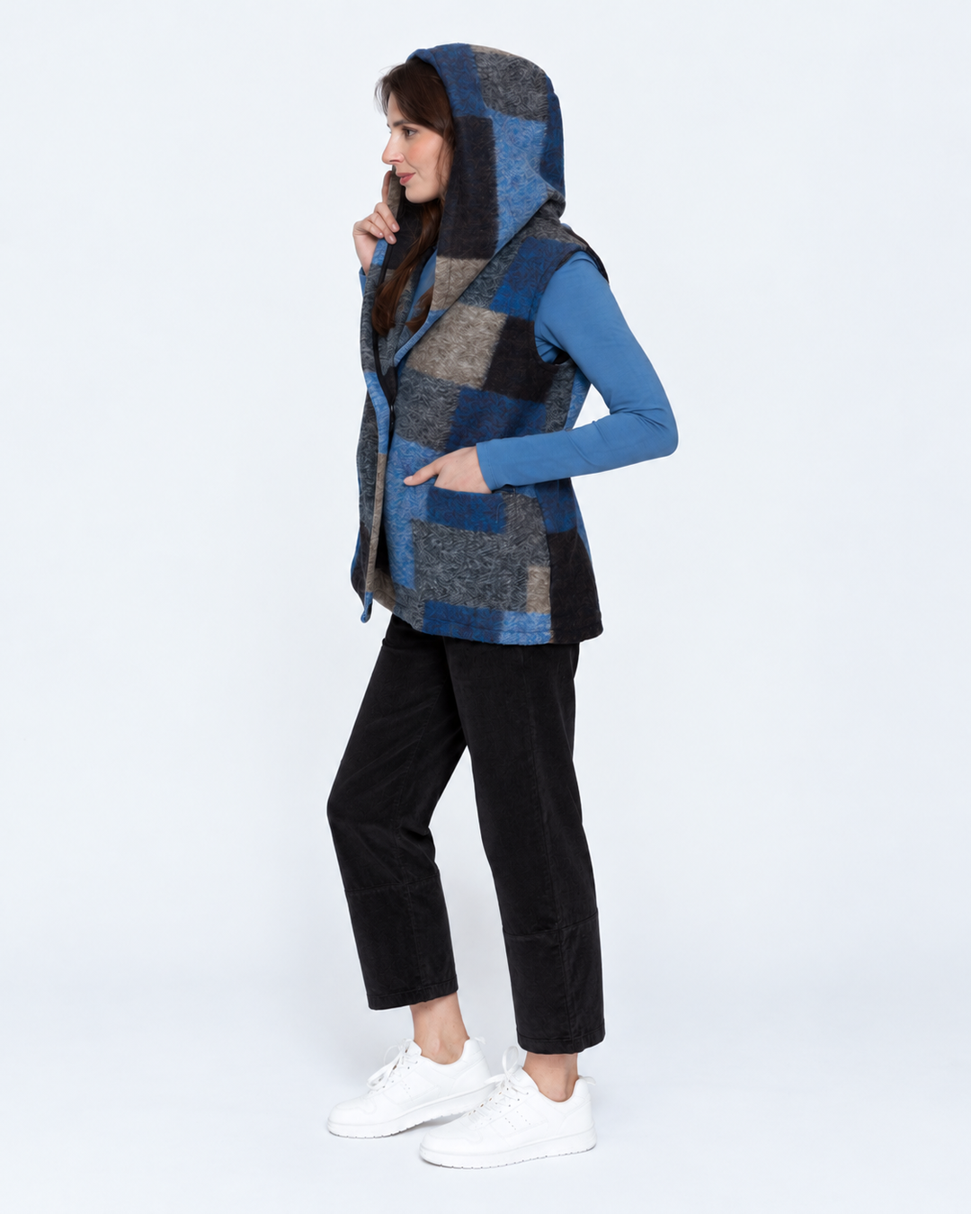 Blueberry Patchwork Hoodie Vest, Blue/Grey