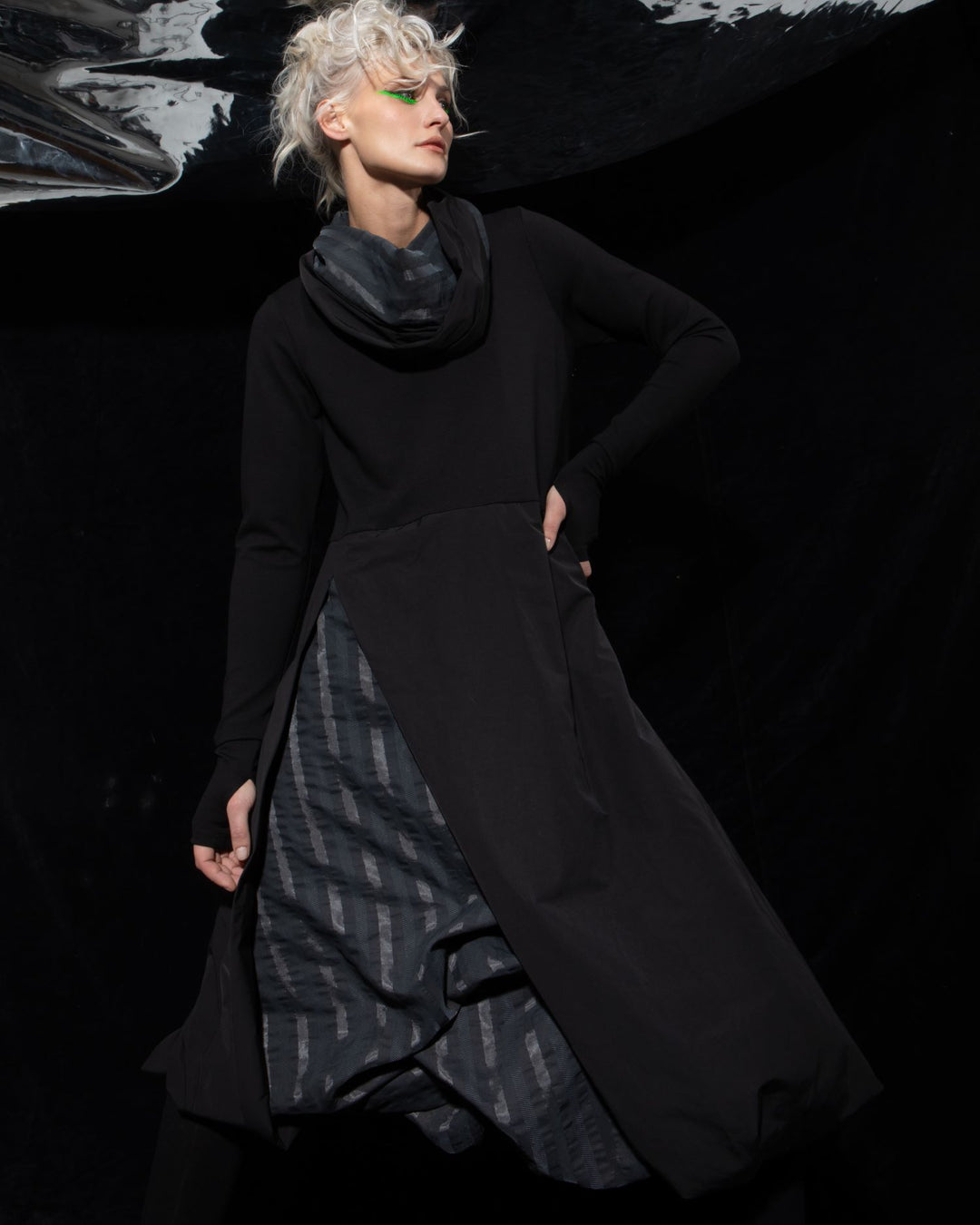 Ozai N Ku Moirai Gathered Dress and Cowl, Black