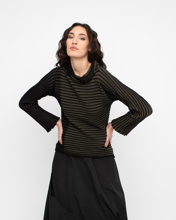 Ozai N Ku Pleat Knit Funnel Top, Black/Olive