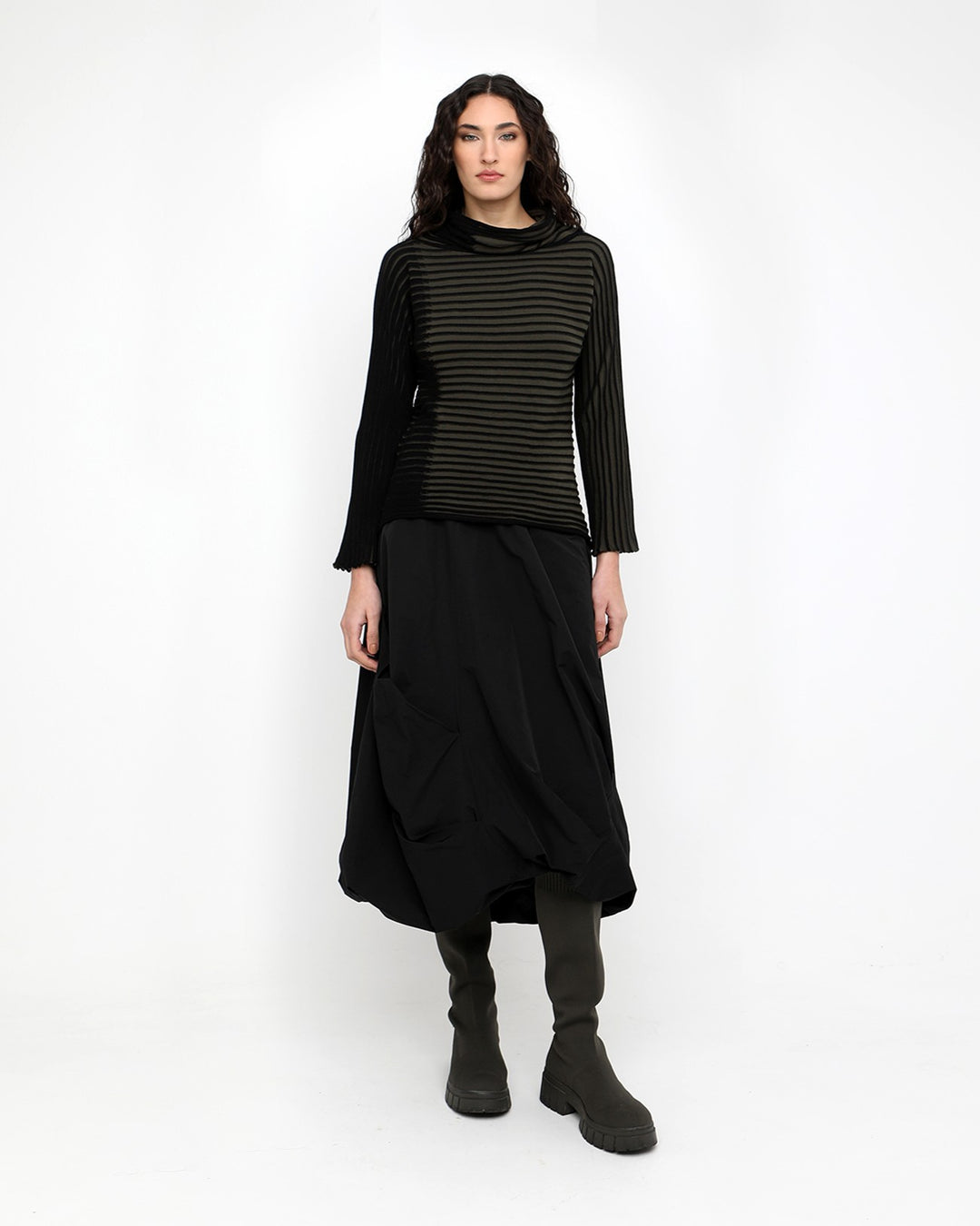 Ozai N Ku Pleat Knit Funnel Top, Black/Olive