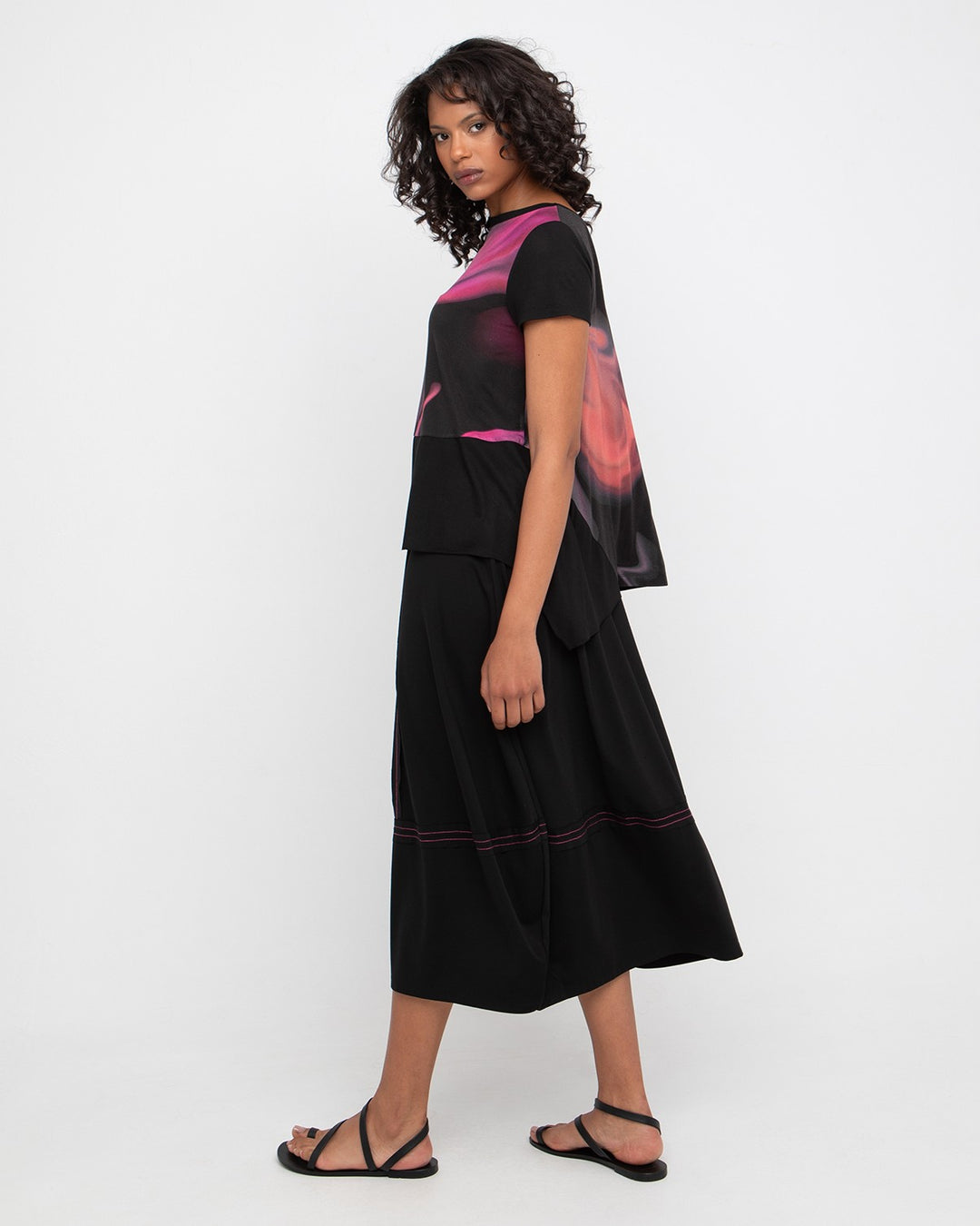 Ozai N Ku Ponte Stitch Midi Skirt, Black/Fuchsia