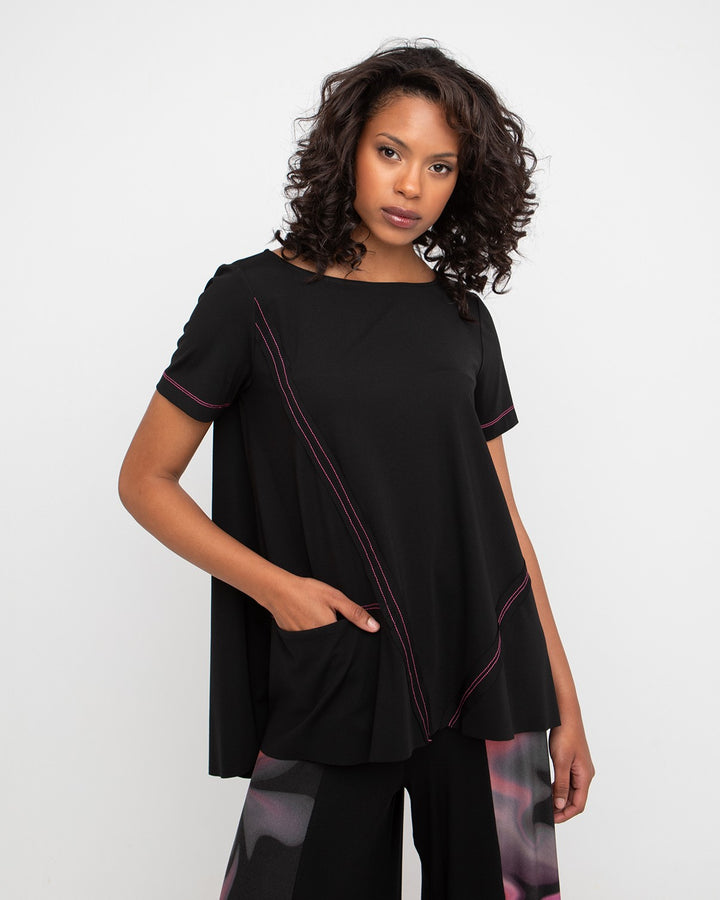Ozai N Ku Ponte Stitch Pocket Tee, Black/Fuchsia