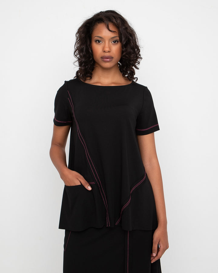 Ozai N Ku Ponte Stitch Pocket Tee, Black/Fuchsia