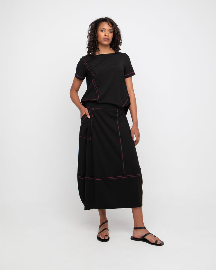 Ozai N Ku Ponte Stitch Pocket Tee, Black/Fuchsia