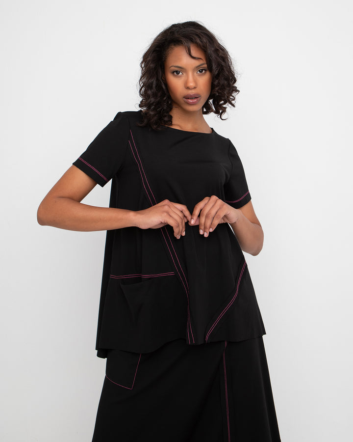 Ozai N Ku Ponte Stitch Pocket Tee, Black/Fuchsia