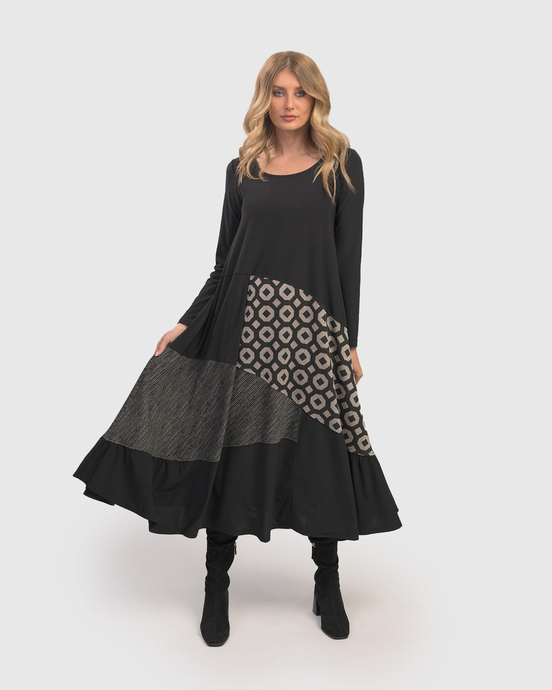 long casual dresses for sale Seta T Women's Fall Midi Dress Frilled Crewneck Long Sleeve A-Line Elegant Flowy Casual Dresses with Pockets Small Black at Amazon Women's Clothing store