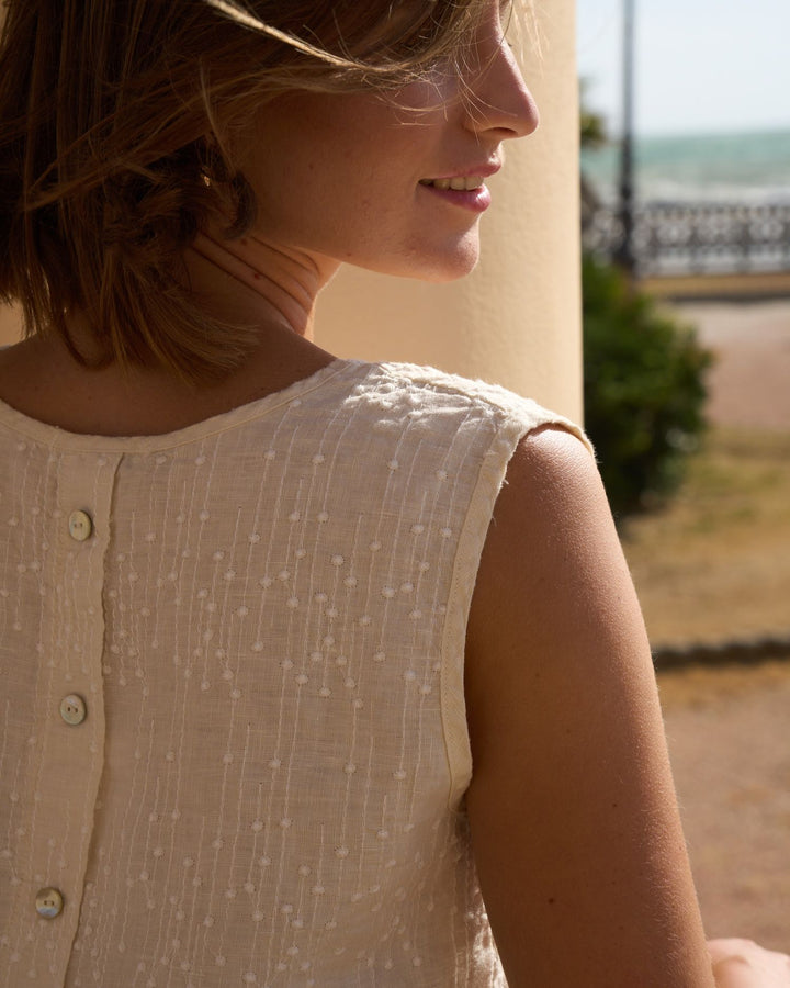 Blueberry Button Back Tank, Embroidered Ecru