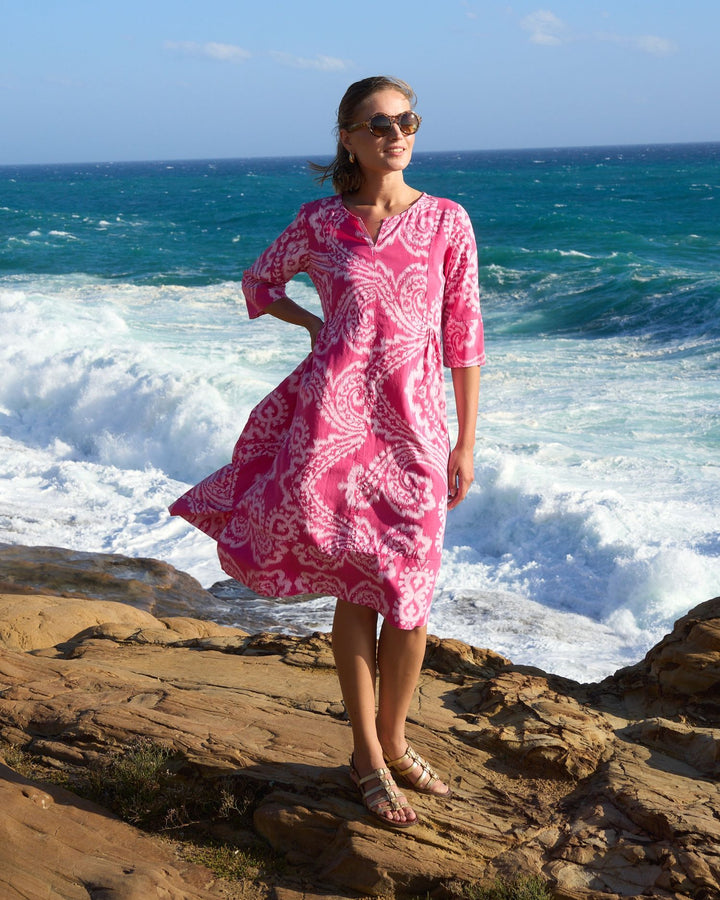 Blueberry Split Neck Tunic Dress, Fuchsia Paisley