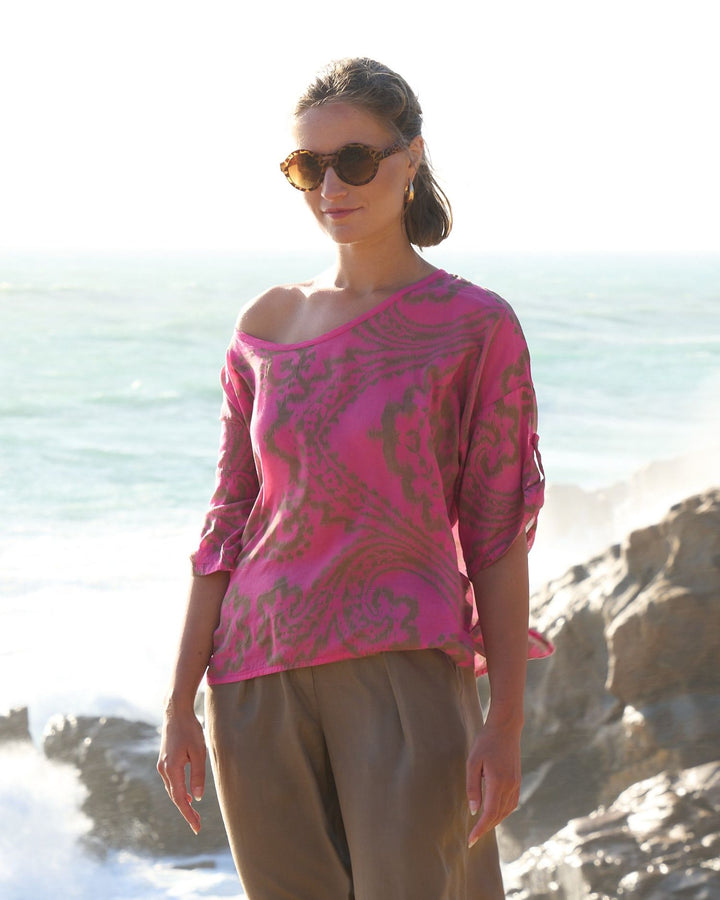 Blueberry Breeze Top, Fuchsia Paisley