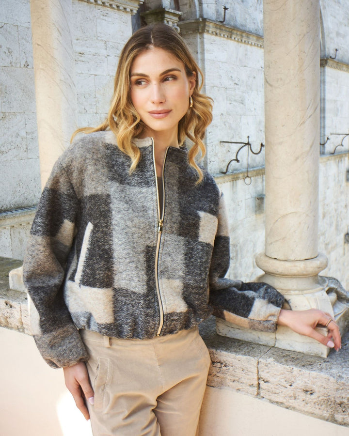 Blueberry Patchwork Bomber Jacket, Black/Grey
