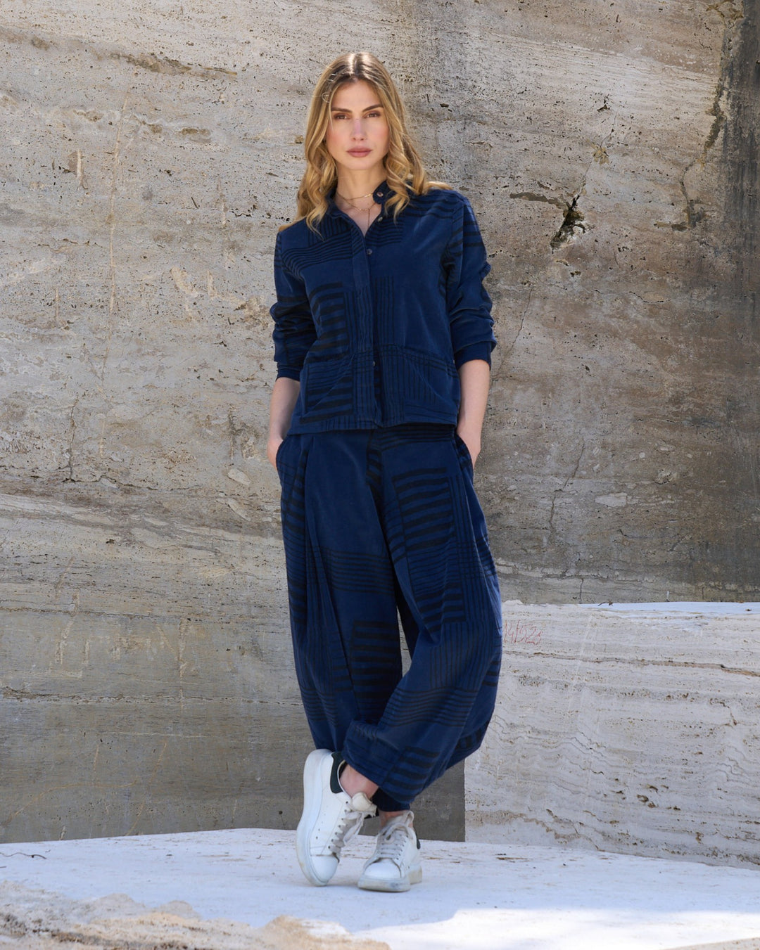 Blueberry Cord Lantern Pant, Navy/Black Bars