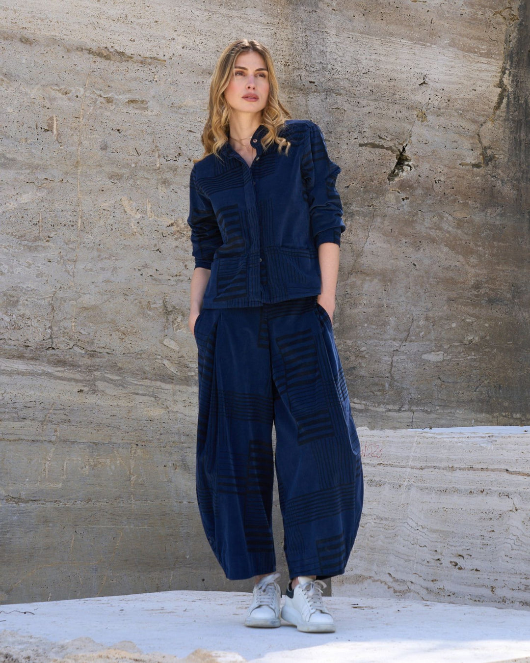 Blueberry Cord Shacket, Navy/Black Bars