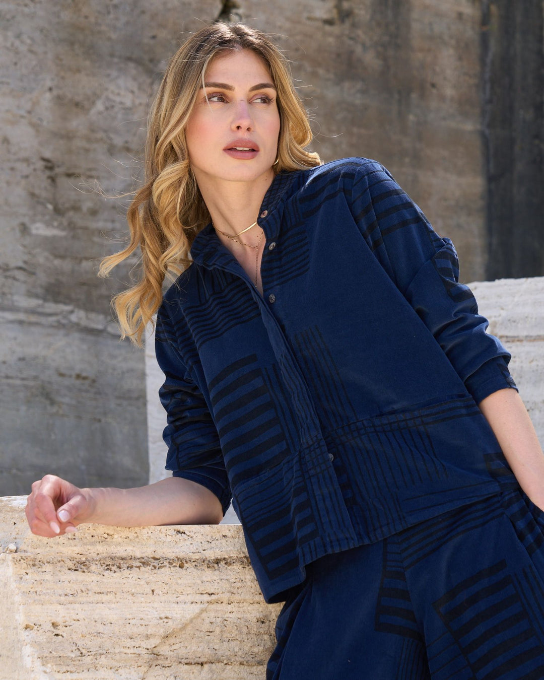 Blueberry Cord Shacket, Navy/Black Bars