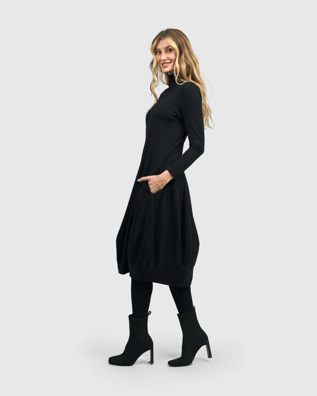 Essential Turtleneck Cocoon Dress, Black