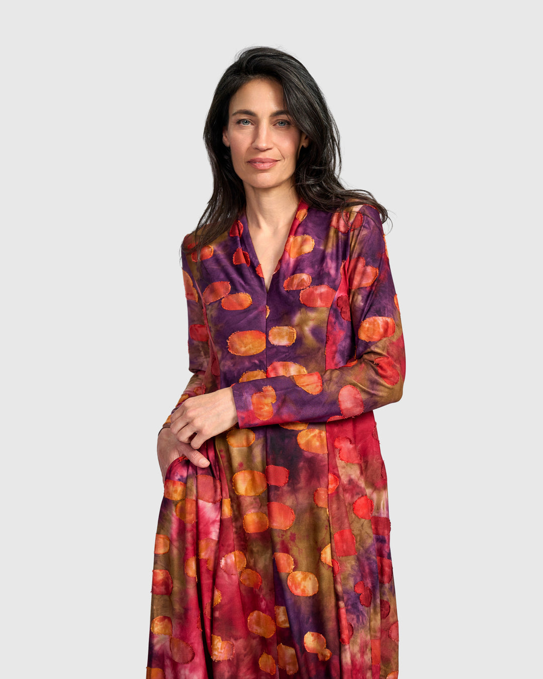 Festoon V-Neck Cocoon Dress, Berry Mix