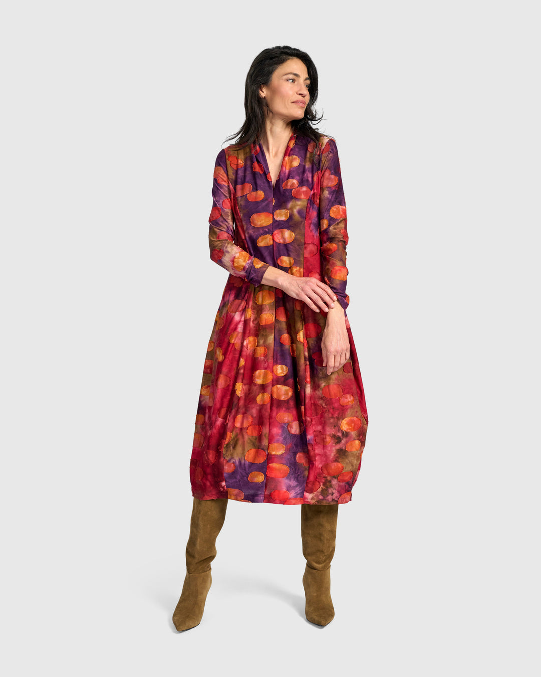 Festoon V-Neck Cocoon Dress, Berry Mix