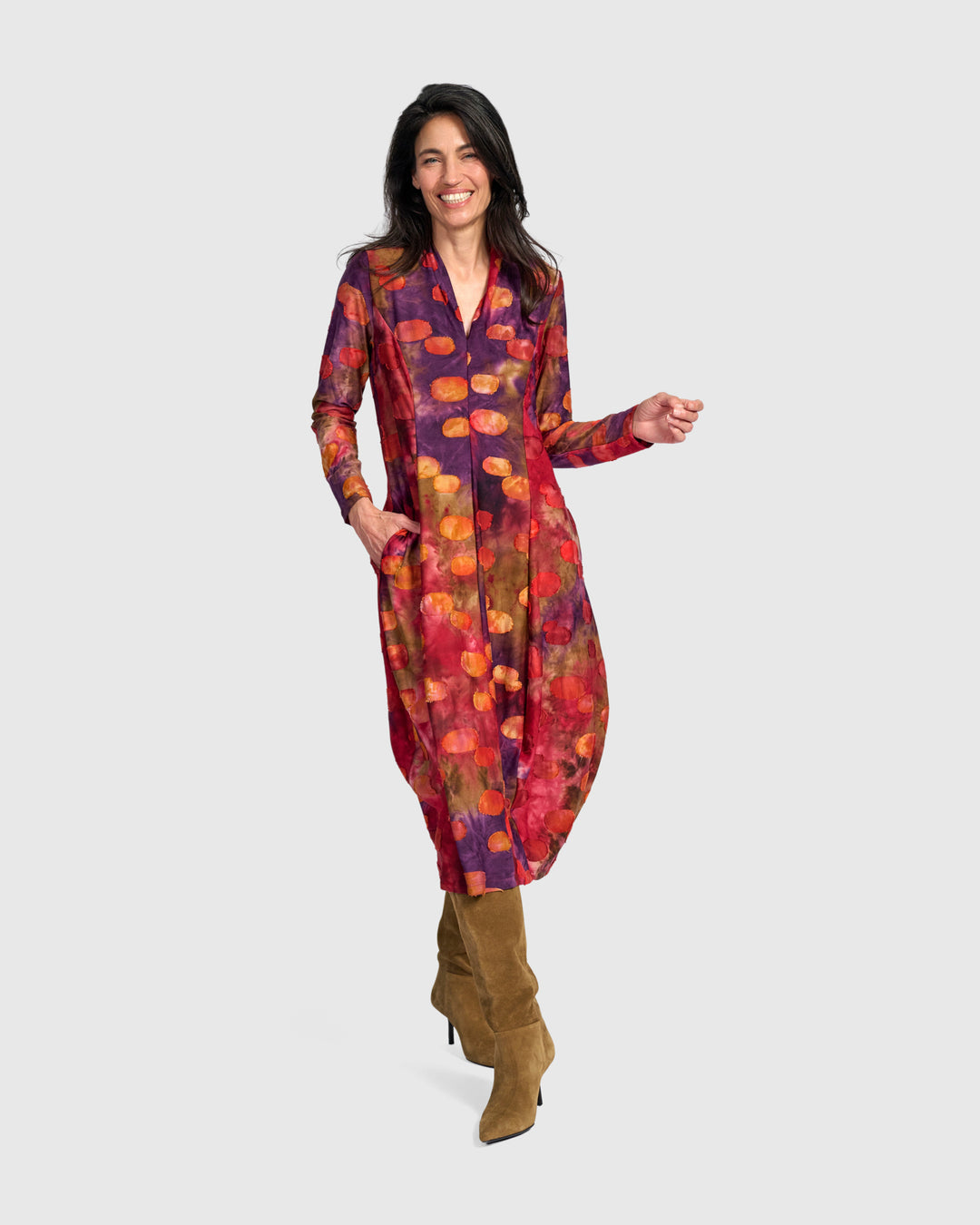 Festoon V-Neck Cocoon Dress, Berry Mix
